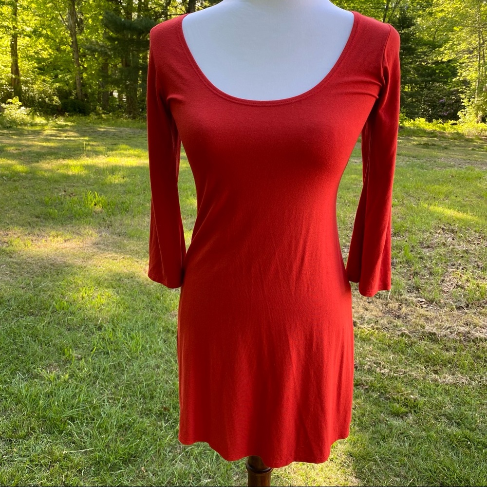 SALAAM DRESS MINI RED STRETCH SCOOP NECK 3/4 SLEEVE BODY-CON SIZE XS USA